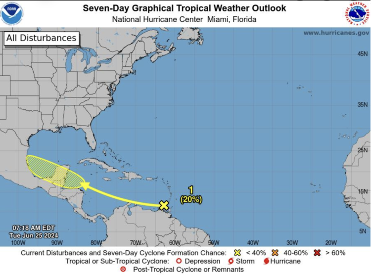Nueva zona de baja presión con 10% de posibilidad de desarrollo ciclónico en Mar Caribe